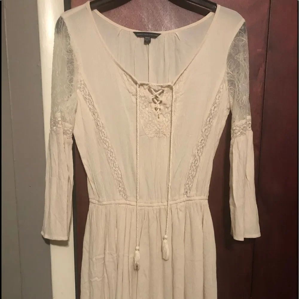 American Eagle Ivory lace Tasseled Dress Tunic Boho Peasant Long Sleeve Sz S KS